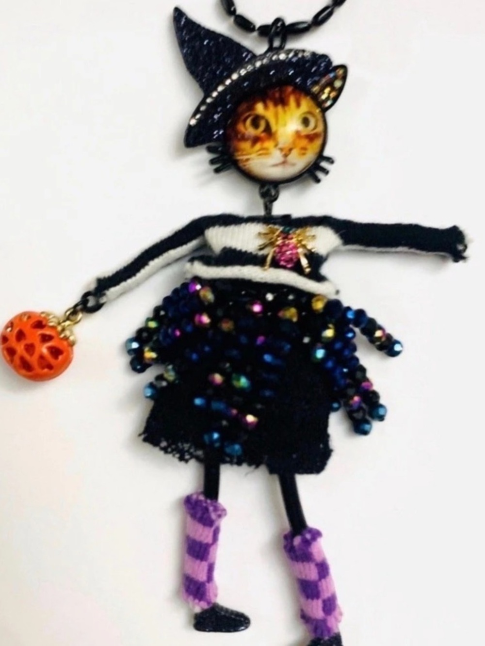 *Rare* Betsey Johnson Cat Witch Cat Pendant Necklace Black & Purple Collectors P